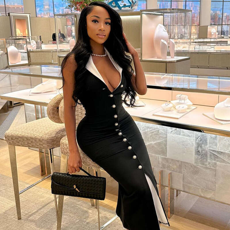 Elegant And Sophisticated Color-Block Slim Fit Button Women's Mid-Length Dress B5