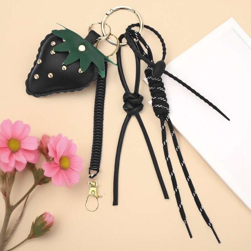 Cute Strawberry Keychain MIU Style Leather Braided Rope Heart Phone Chain Bag High-end Pendant