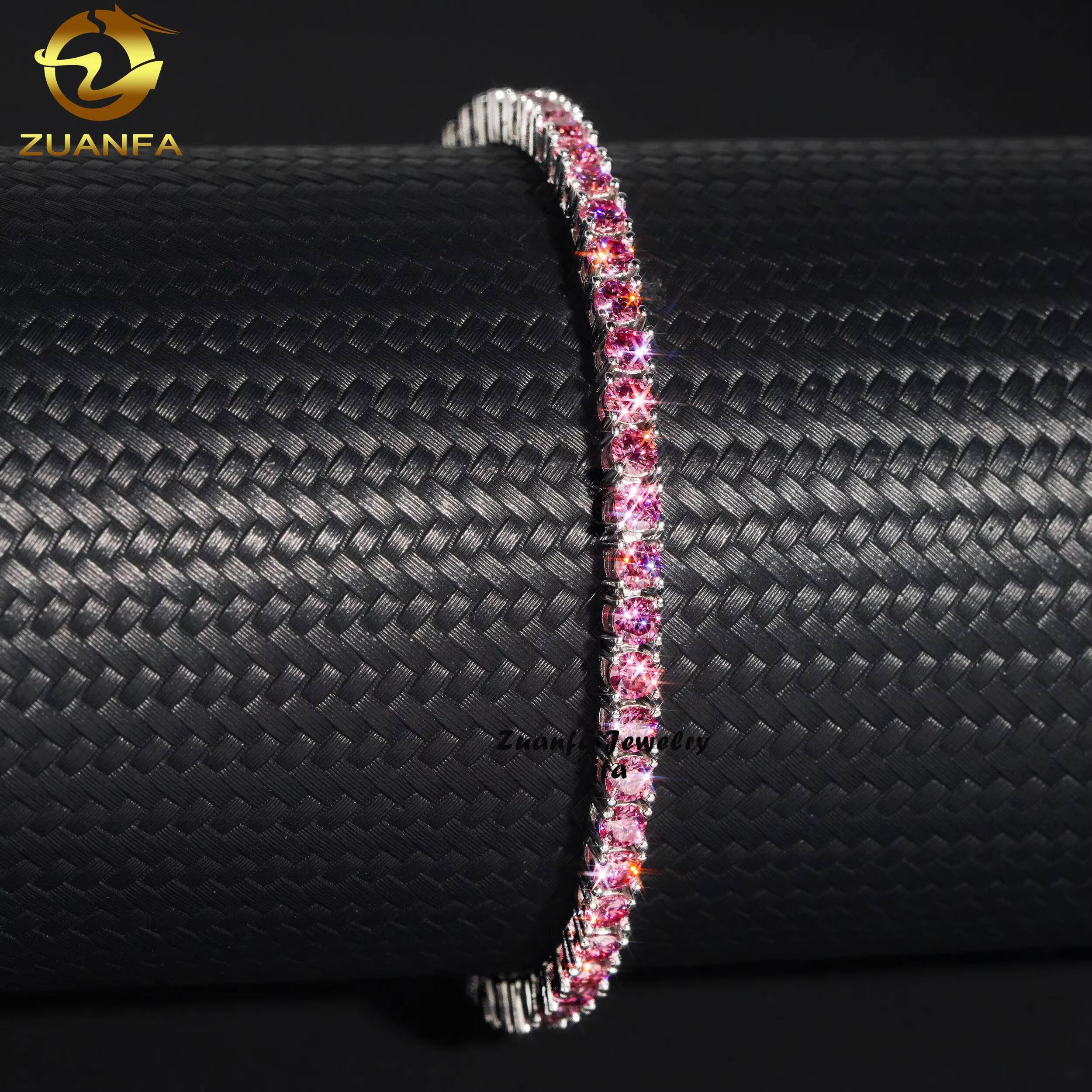 GRA Certificate Top Quality Diamond Tennis Chain 925 Silver 3mm Pink Moissanite Tennis Bracelet