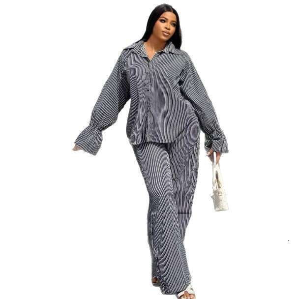 Women's Fashion Striped Button-Up Flared Long Sleeve Shirt Wide-Leg Pants Casual Set For Women B5