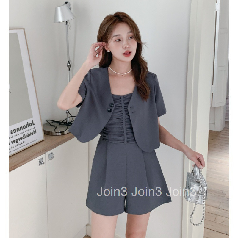 Summer New French Style Slimming Thin Short Sleeve Jacket Top + Camisole Jumpsuit Shorts Wide Leg Pants Set for Women