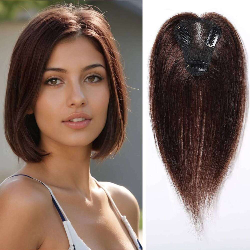 10 Inches Dark Brown for Women 100% Remy Human Hair Pieces Clips in Middle Part Silk Base Topper