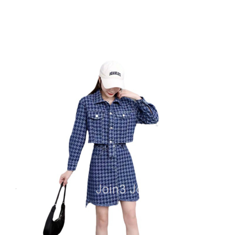 Early Autumn New Style Socialite Internet Celebrity Houndstooth Long Sleeve Jacket Short Top + Half Skirt Two-Piece Set for Women