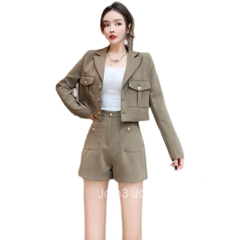 Autumn Winter Fashion Internet Celebrity Stylish Blazer Collar Long Sleeve Jacket Top + Camisole + Shorts Three-Piece Set