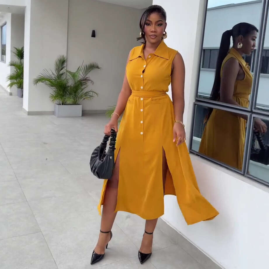 Women's High-End Design Loose Flowing Tie Slimming Vest Plus Size Stylish Long Dress B5