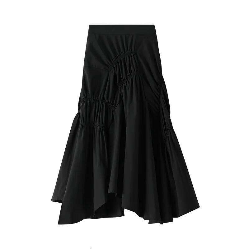 Elegant Pleated Long Skirt For Slim Women Casual High Waist Solid Color Asymmetrical Black Flared Skirts Spring Saias SK505