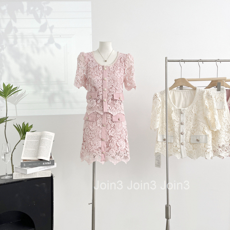 Summer New Fashionable Socialite Design Two-Piece Set Slimming Lace Hollow Short Sleeve Top + Short Skirt Set for Women