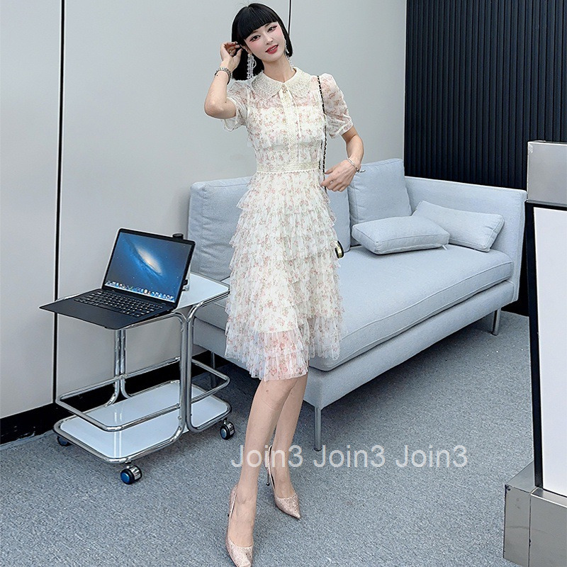 Summer Womens New French Heavy Craft Fashion Floral Cake Dress Short Sleeve Dress Midi Dress