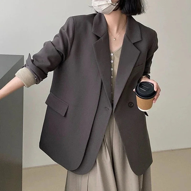 REALEFT Spring Autumn Elegant Gray Womens Blazer Jacket Long Sleeve Single Button Office Lady Loose Outerwear for Women 250729