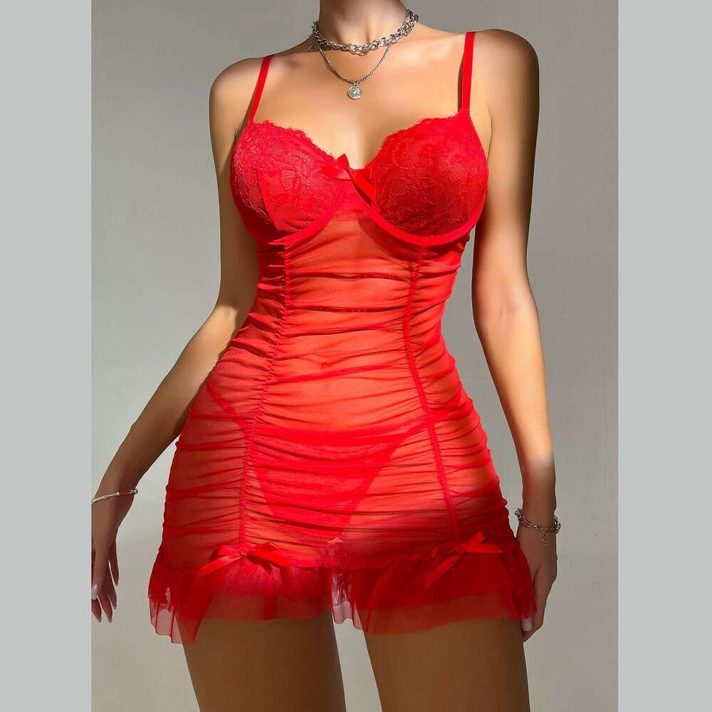 Red lace patchwork see through nightgown, sexy deep V gathering suspender skirt, private room romantic sleepwear, skin friendly mesh slim skirt