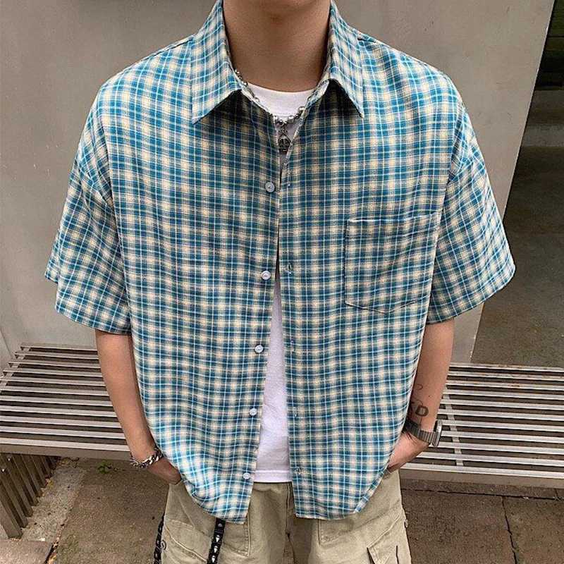 2025 Summer Stylish Short Sleeve Shirt Mens Streetwear Vintage Button-up Turn-down Collar Shirts Trendy Men Plaid Printed Shirt y250728