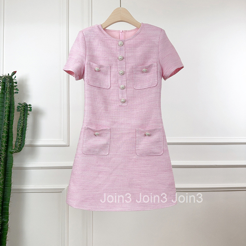 2025 Socialite Summer New Style Slim Fit Pearl Button Multi-Pocket Design Short Sleeve Dress Short Skirt