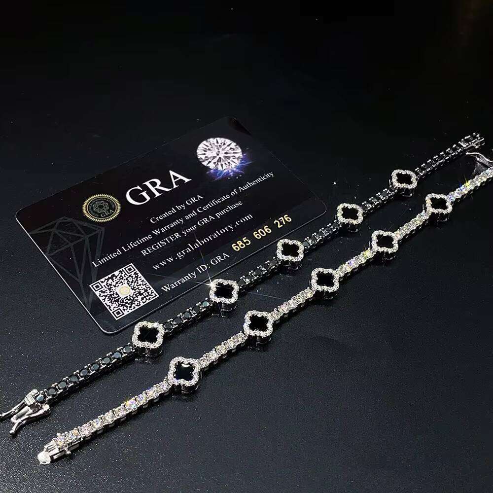 Hot Selling Design Black Clover Chain VVS D Moissanite Sterling Sier Tennis Bracelet 4mm Hip Hop Jewelry
