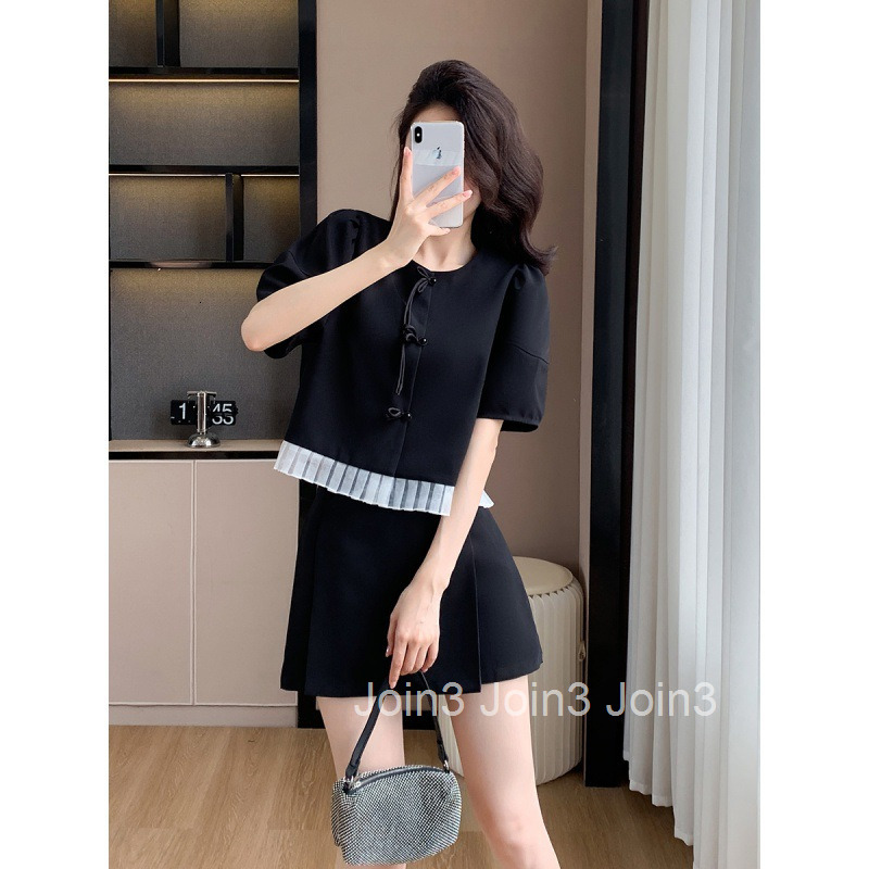 Summer New Style Socialite Round Neck Button Short Sleeve Blouse Top + A-Line Short Skirt Two-Piece Set for Women