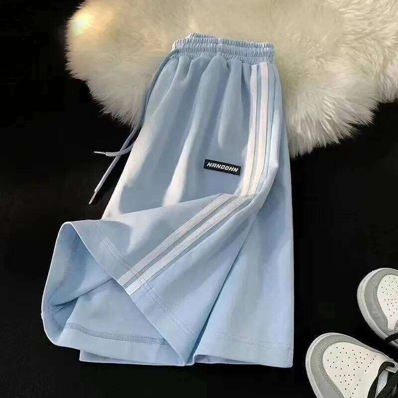 Side Striped Sweatpants Women High Waisted Loose Straight Running Summer Fashion Casual Black White Wide Leg Shorts
