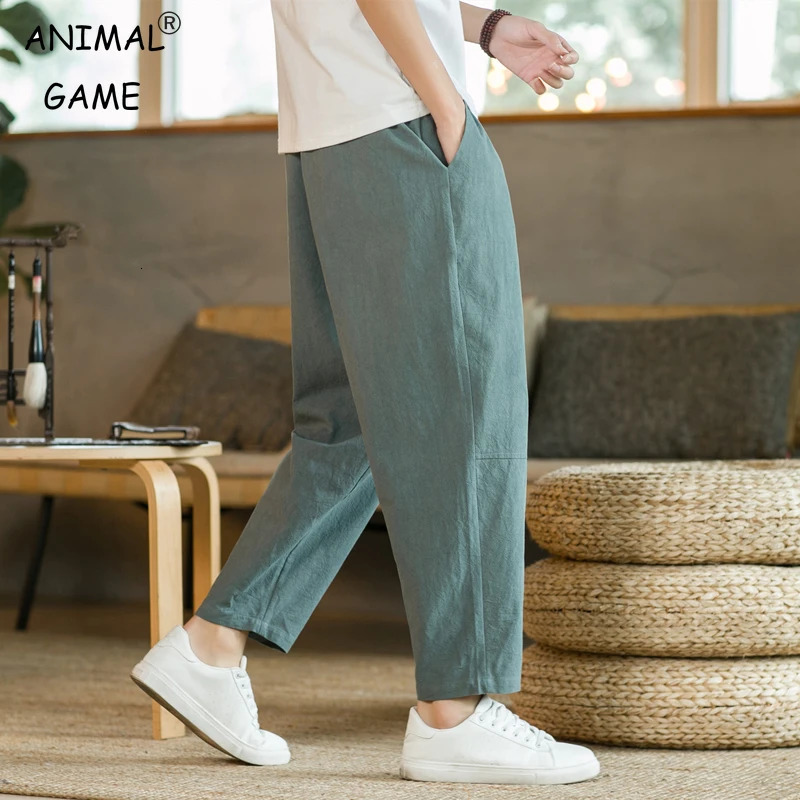 Mens Trousers Cotton Linen Fashion Casual Pants Solid Color Breathable Loose Shorts Straight Drawstring Streetwear Men 250729