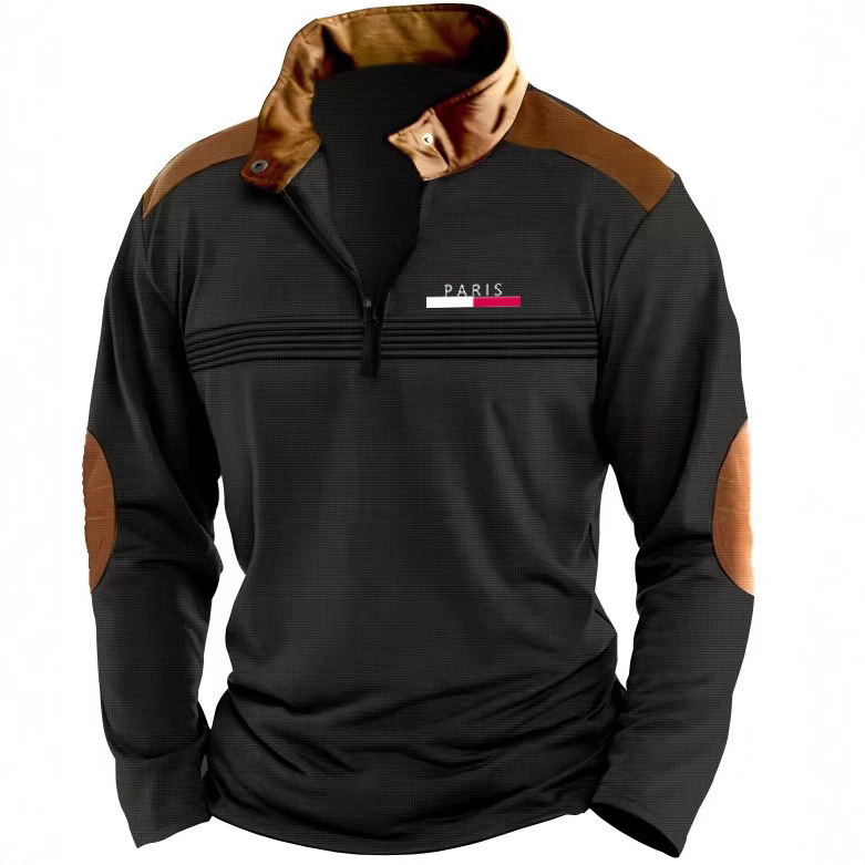 Spring and Autumn Fashion Mens Printed Polo Shirt Mens Zipper Wrinkled Long Sleeve Casual Sweatshirt