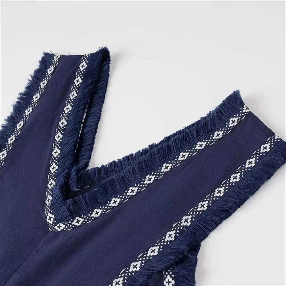 PB&ZA Summer New Product: Casual Women's Fashion V-neck Sleeveless Waist Collection with Tassel Decoration Dress