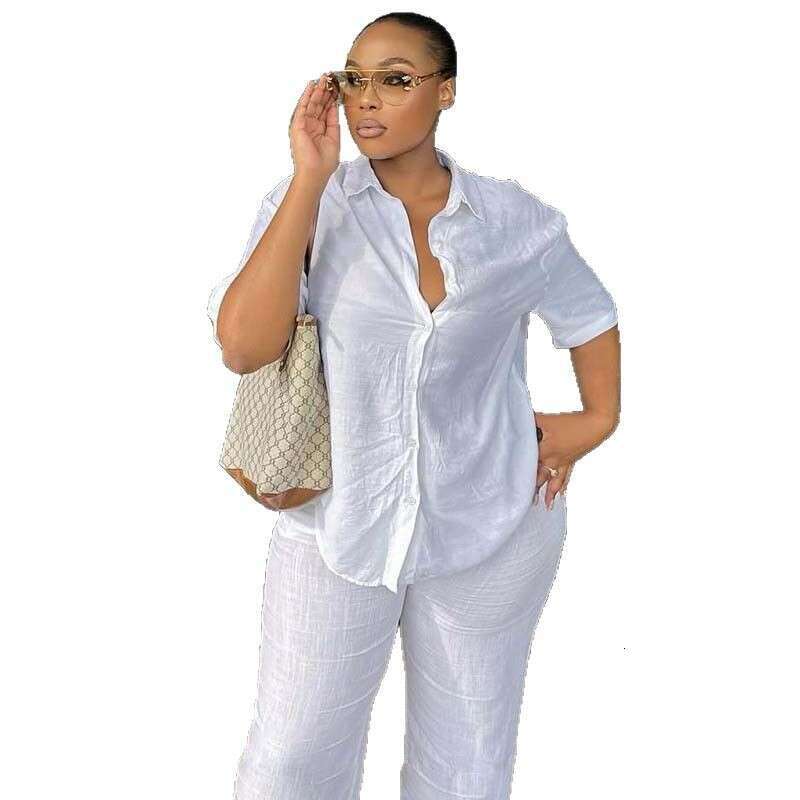 Women's Outfit Short Sleeve Turn-Down Collar Elegant Slimming Shirt Simple Wide-Leg Long Pants Two-Piece Set For Women B5