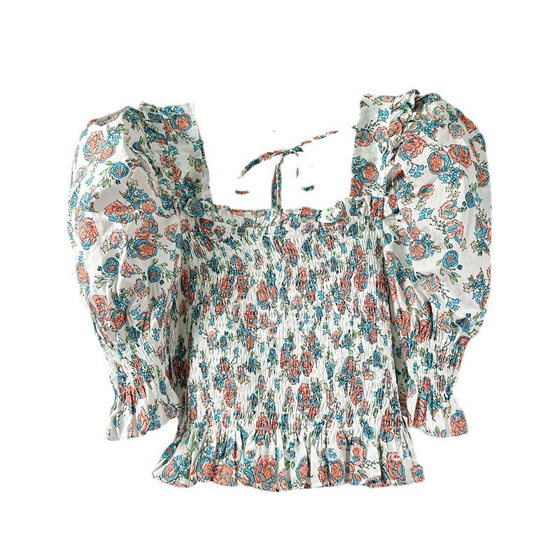 Summer New Korean and French Style Shirt Off-Shoulder Square Neck Two-Way Floral Print T-Shirt for Women Slimming Short Top