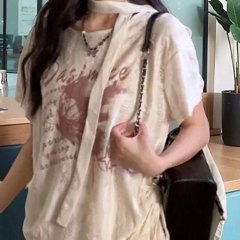 Summer Harajuku Letter Print Grunge Tshirts Loose Streetwear Oversized Tops Women Y2k Aesthetic Casual Drawstring Tees 250704