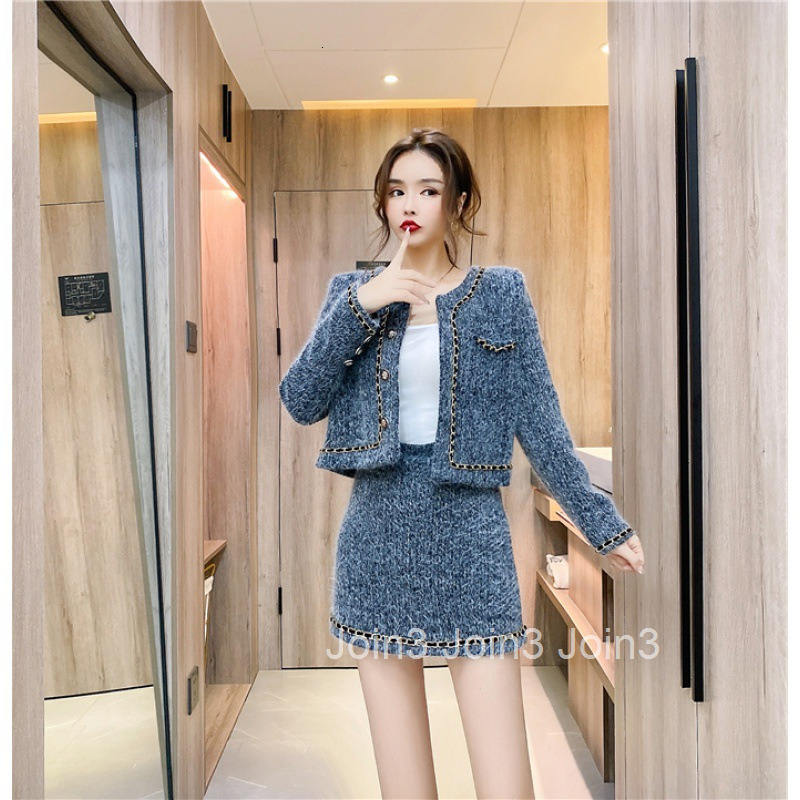 Autumn Winter New Stylish Mink Velvet Thickened Single-Breasted Short Coat and Skirt Set for Women