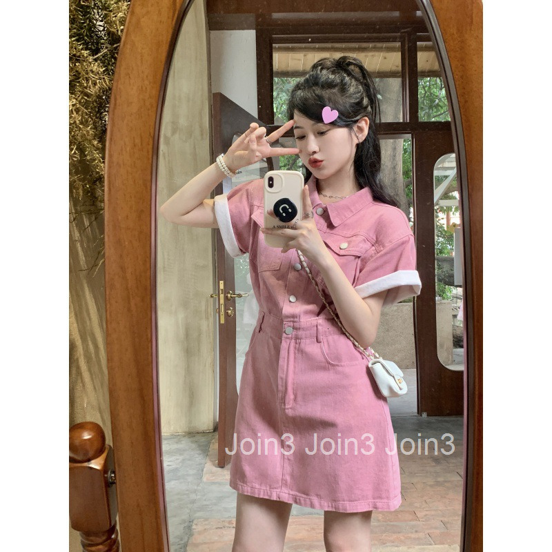 Summer New Womens Workwear Pink Denim Short Sleeve Dress for Petite Women A-line Short Dress