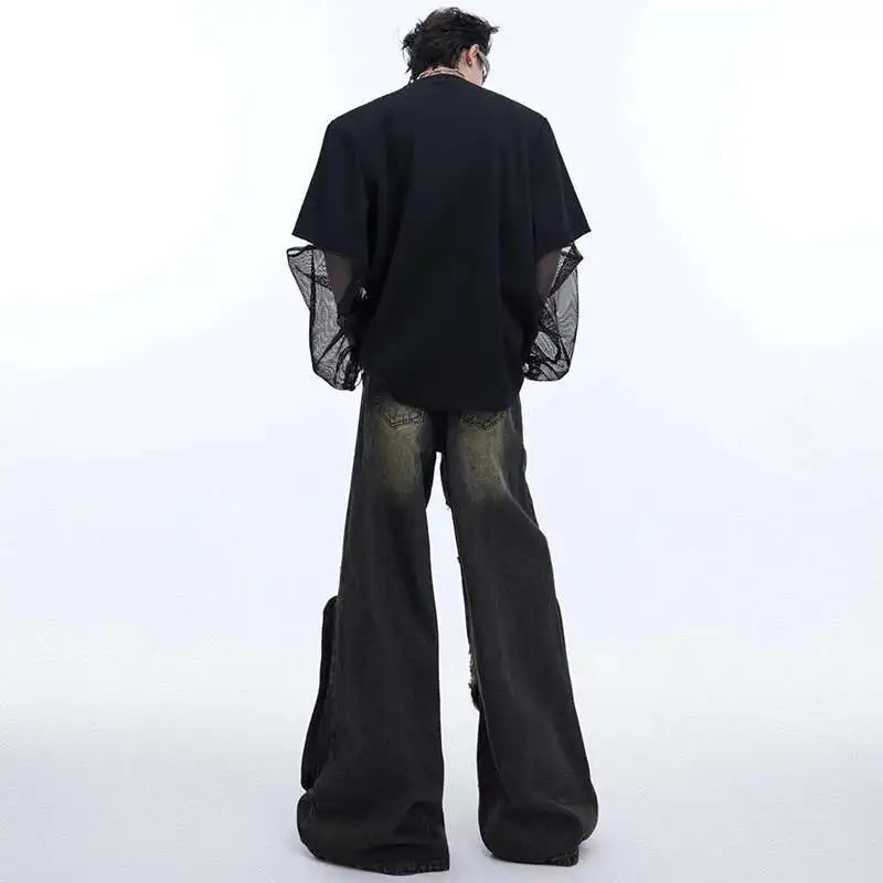 LUZHEN Fashion Original Gauze Splicing Long Sleeve T-Shirts for Men Trendy Niche High Quality Casual Tops LZ3975 250723