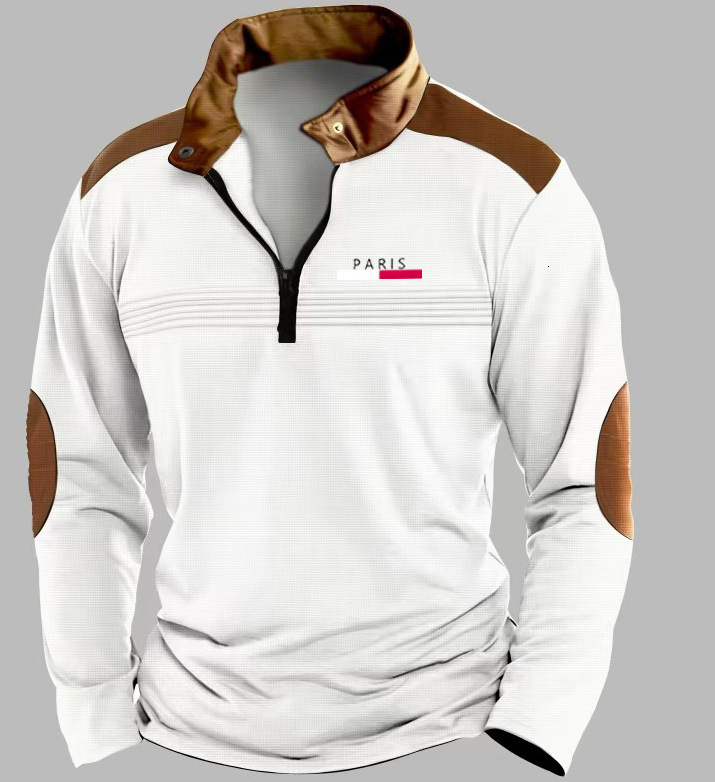 Spring and Autumn Fashion Mens Printed Polo Shirt Mens Zipper Wrinkled Long Sleeve Casual Sweatshirt