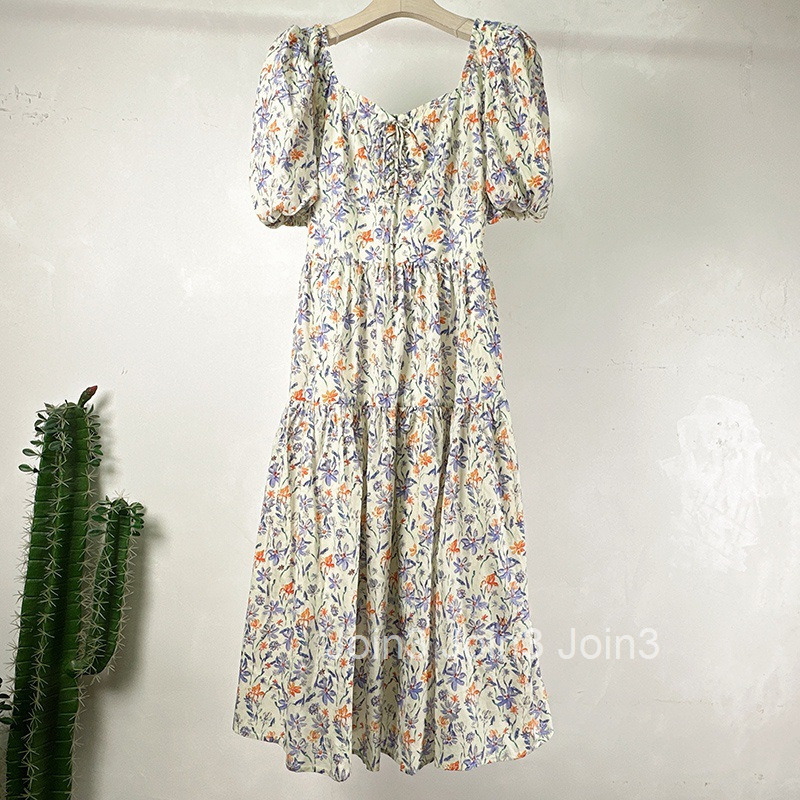 Summer French Fashion Square Neck Waist-Cinching High-Waist Skirt Floral Print Short Sleeve Midi Dress