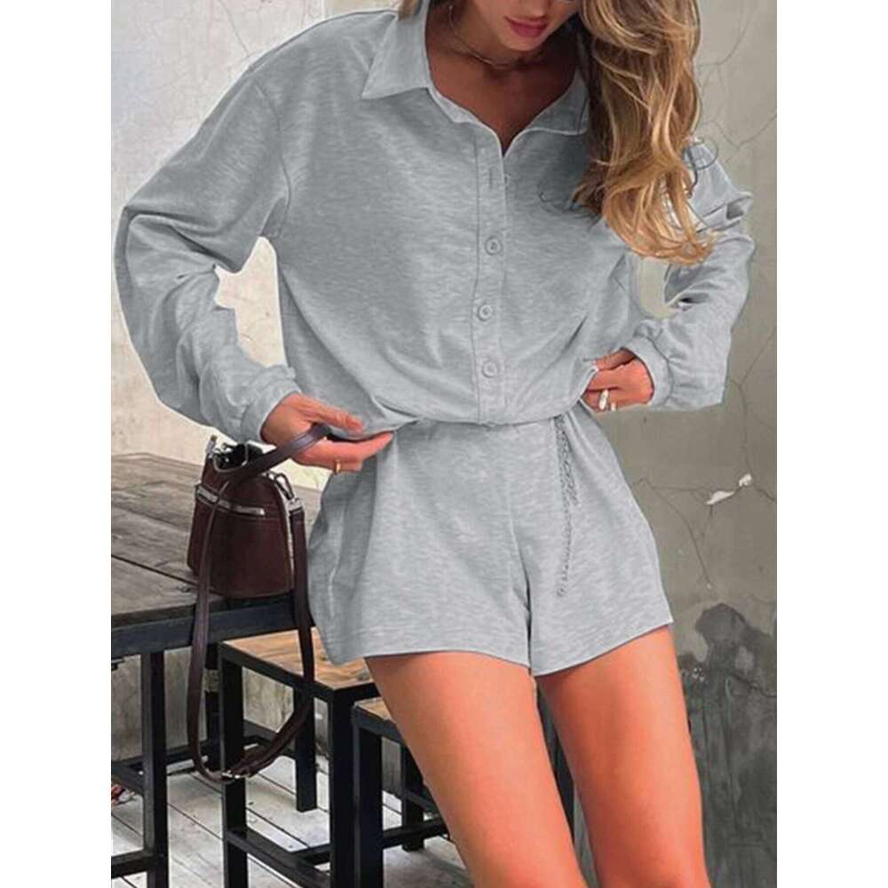 Weekeep Streetwear Grey Loose Rompers Fashion Button Up Full Sleeve Women Playsuits y2k Aesthetic Ladies Solid Outfits Haruku