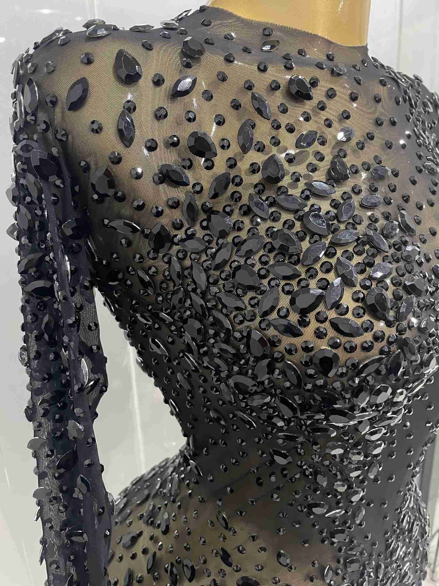 2025 New Women Sexy Shiny Rhinestone Stretch Mesh Transparent Long Dress for Evening Birthday Party Prom Nightclub Singer Stage Wear Z250728