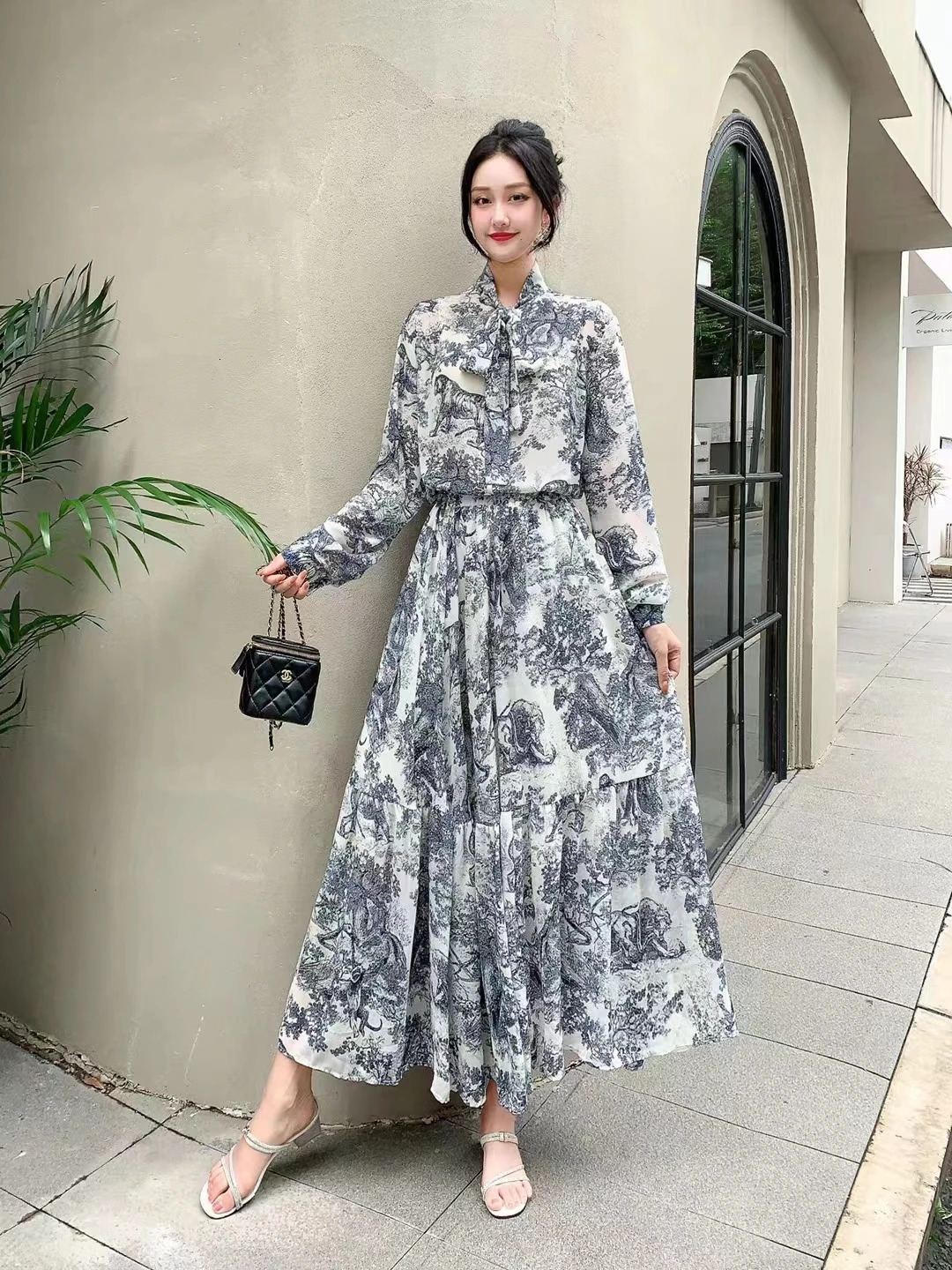 Spring Autumn Women Vintage Print Skirt Suits Loose Long Sleeve Chiffon Shirt And High Waist Long Skirt Two Piece Set 250728