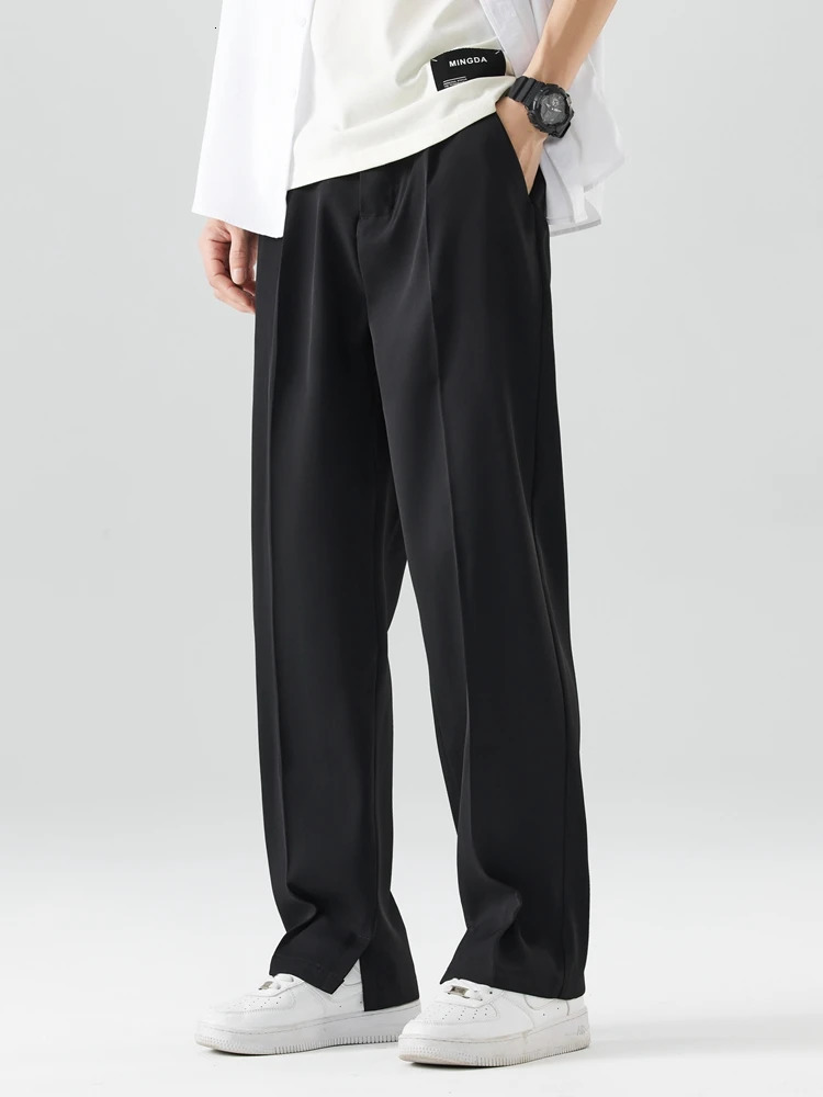 2023 Summer Casual Pants Men Breathable Polyester Korean Fashion SemiWide Banded Waist Slacks Straight Loose Drape Trousers 250729