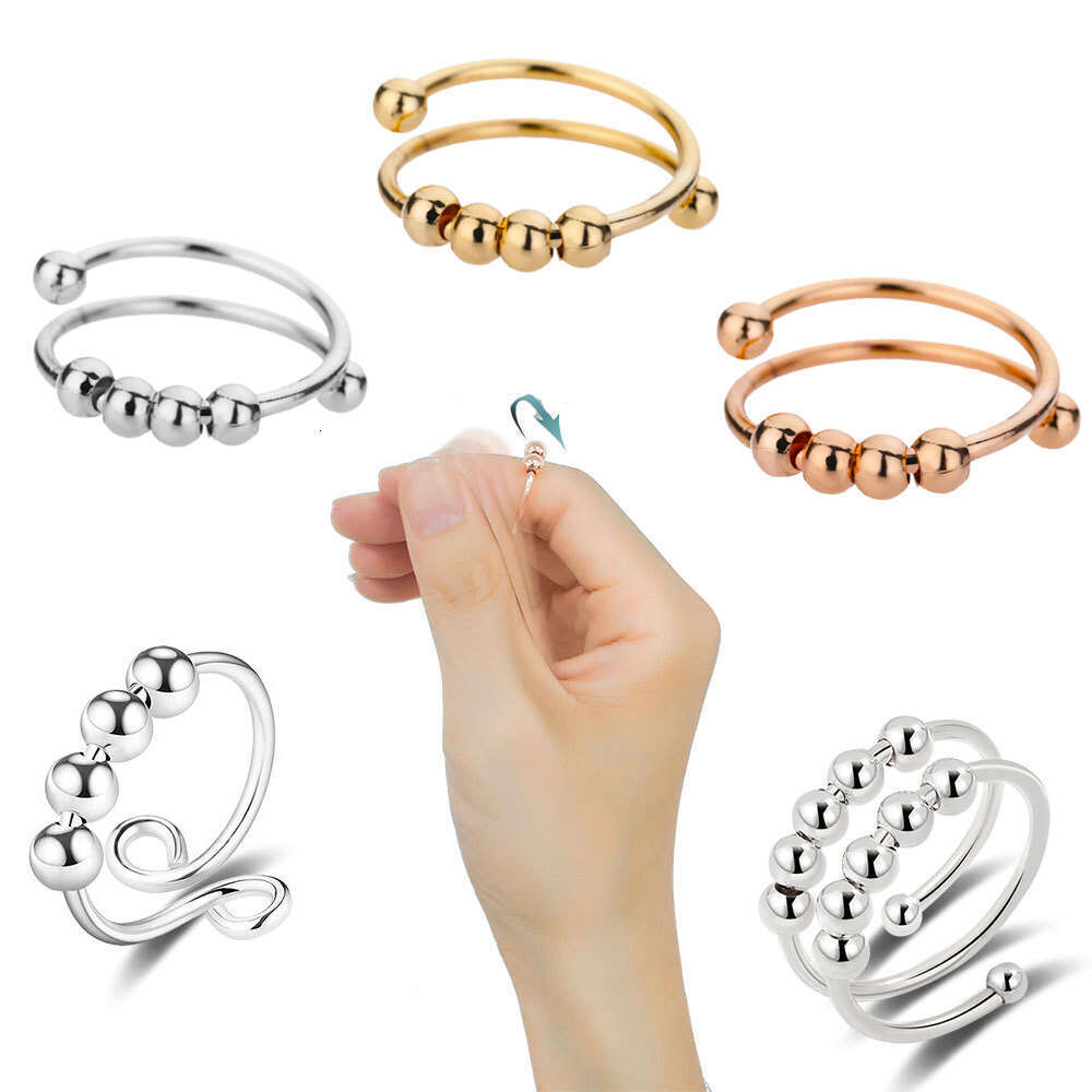 Hot Selling Creative Personality Open Stainless Steel Double Layer Rotating Round Bead Anxiety Relief Ring