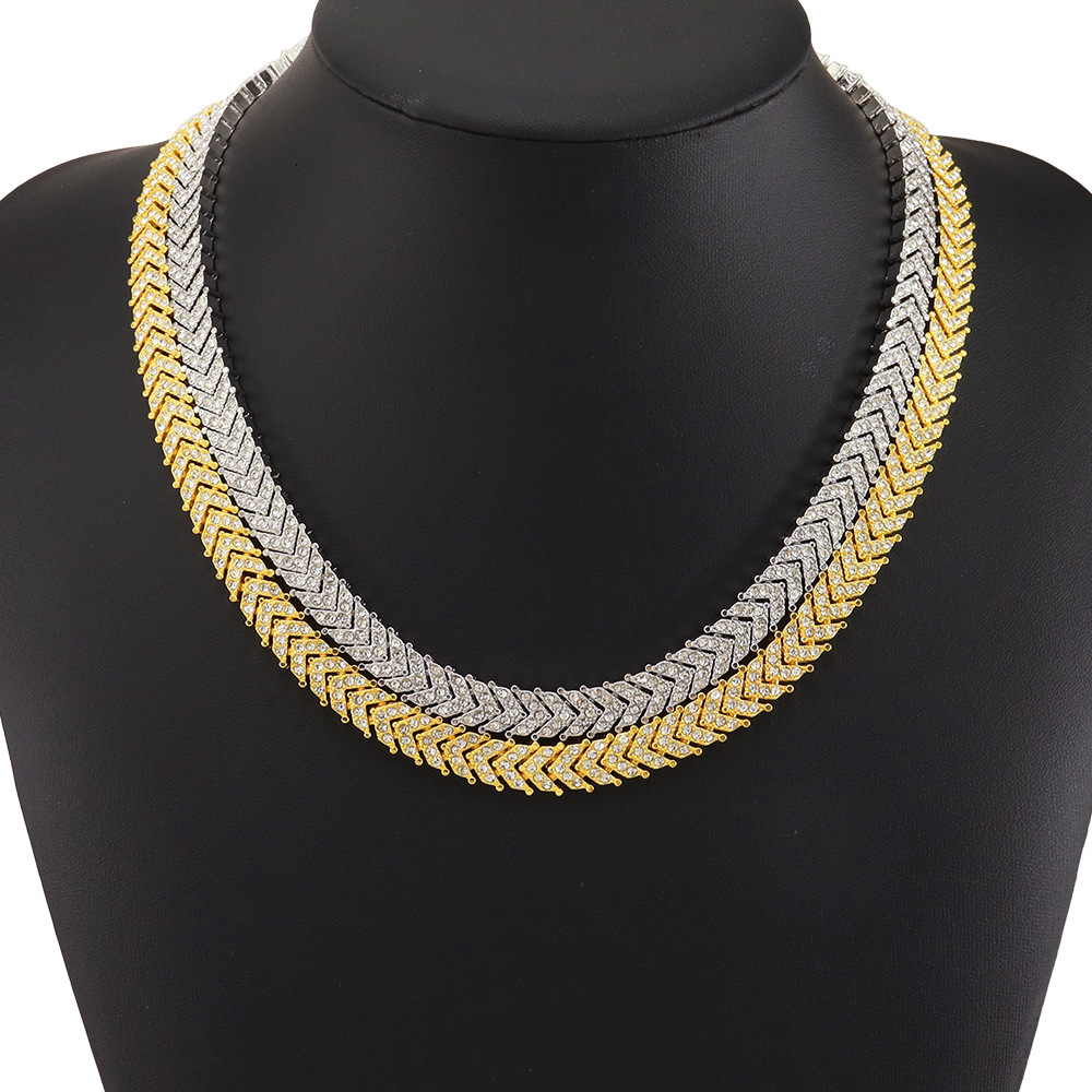 Full Dia Tail Fish Bone Tennis Necklace Trendy Hip-Hop Style Exaggerated Choker Clavicle Chain Accessory