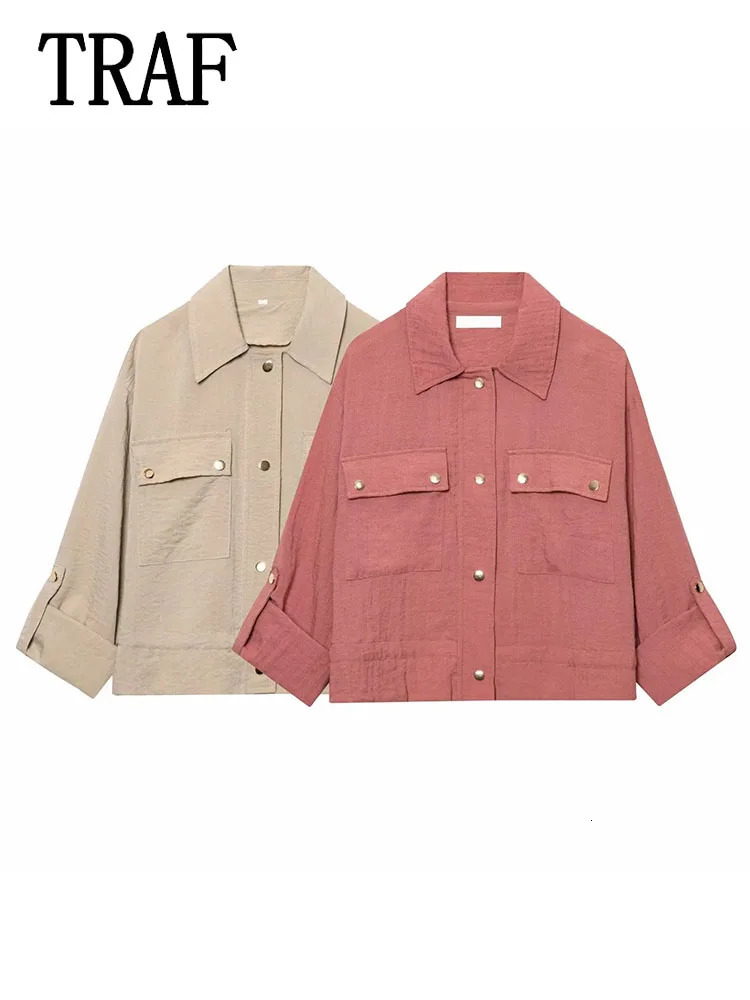TRAF Casual Women Jackets Turndown Collar Long Sleeve Pockets Loose Coats Fashion Spring Holiday Outerwear 250729