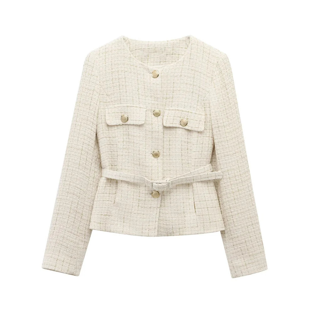 Women Beige Tweed Jacket with Gold Buttons and Belt Long Sleeves Front Pockets for Sale on 250729