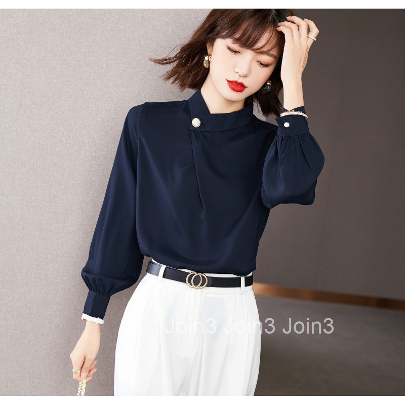 Spring and Autumn New OL Style French Plus Size Womens Pearl Button Elegant Long Sleeve Shirt Base Shirt for Women