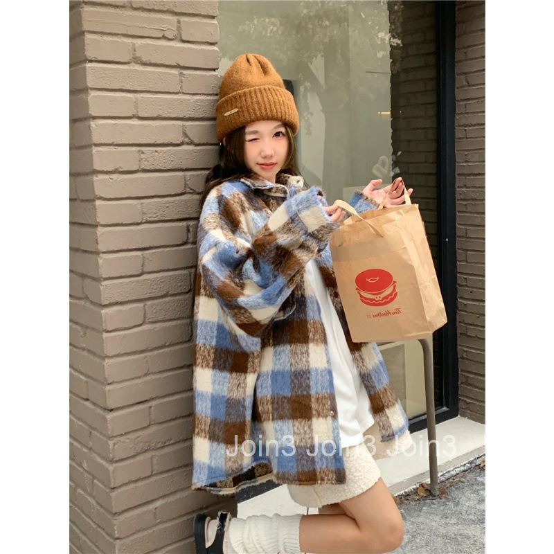 Autumn Winter New Socialite Plaid Lazy Loose Thick Long Sleeve Jacket Woolen Coat Womens Mid-Length Coat