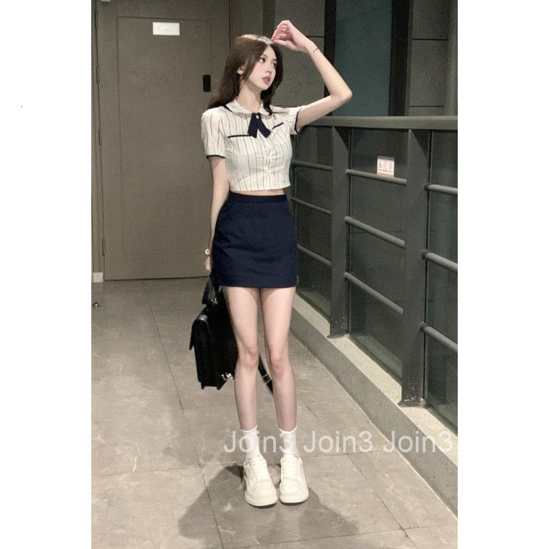 25 Summer New Sweet and Spicy Korean Style Fashion Date Outfit Bow Collar Shirt Top + Bodycon Short Skirt