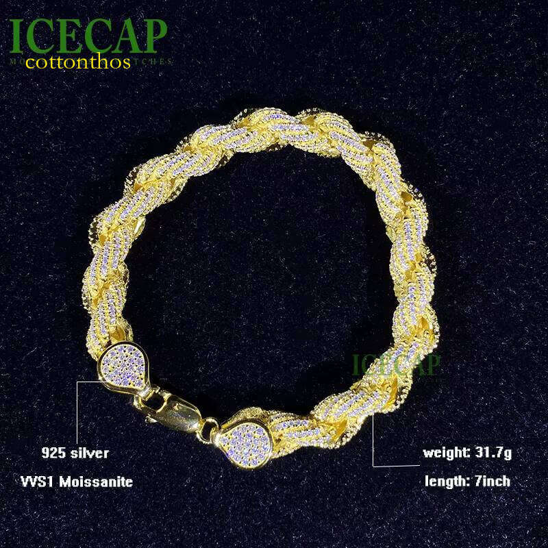 Fine Jewelry 8mm Moissanite Hip Hop Dia Gold Color Sier Iced Punk Cuban Link Rope Bracelet
