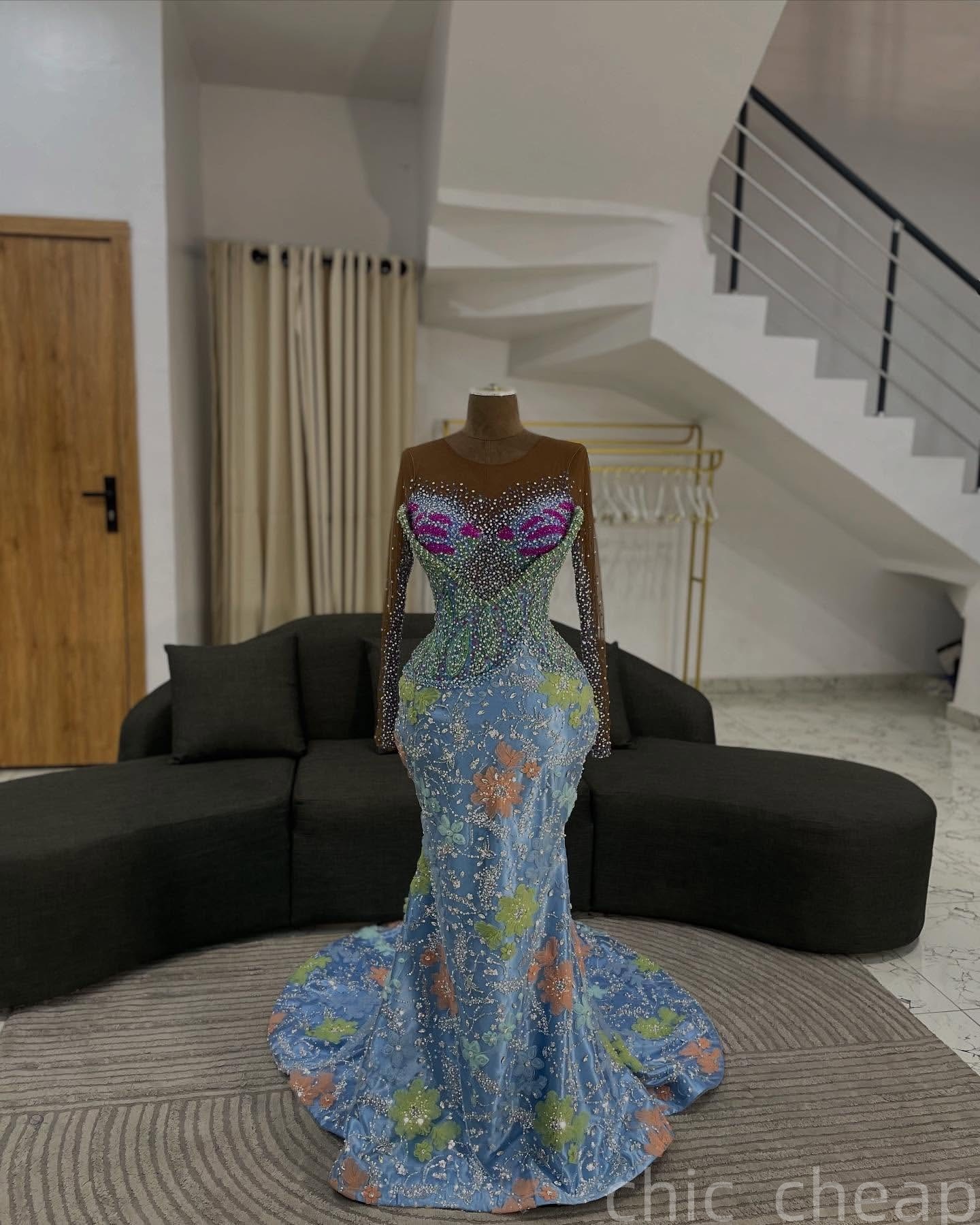 Mermaid Sky Blue Prom Dresses 2025 Crystals Beaded 3D Floral Lace Evening Formal Party Second Birthday Engagement Gowns Plus Size Dress For Special Oc