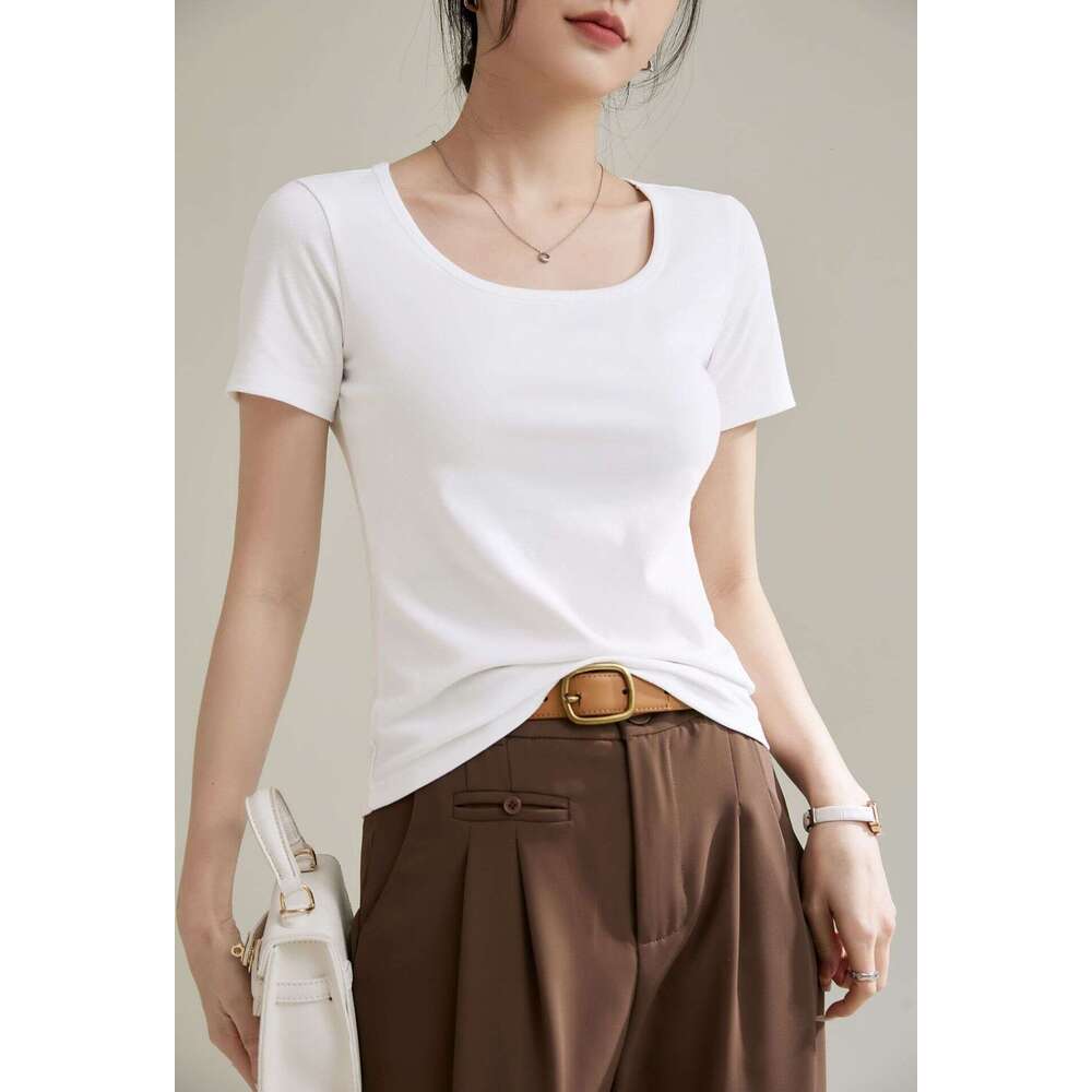 sxzy French Style Square Round Neck Base Layer High-End Feel High Elastic Cotton Short Sleeve T-Shirt for Women 2025 Spring Summer New Pullover Slim F