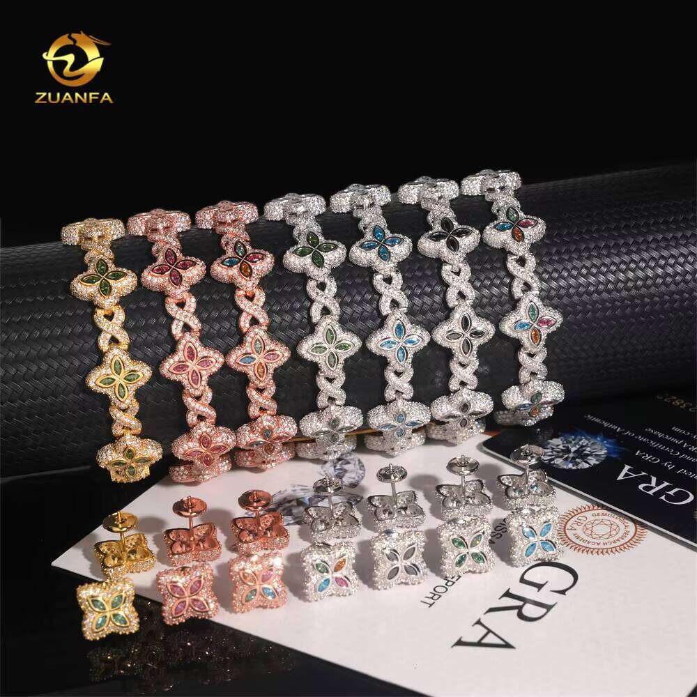 15mm Colorful Sier Hip-Hop Jewelry Iced Out Silicon Cuban Chain Bracelet & Earring Set