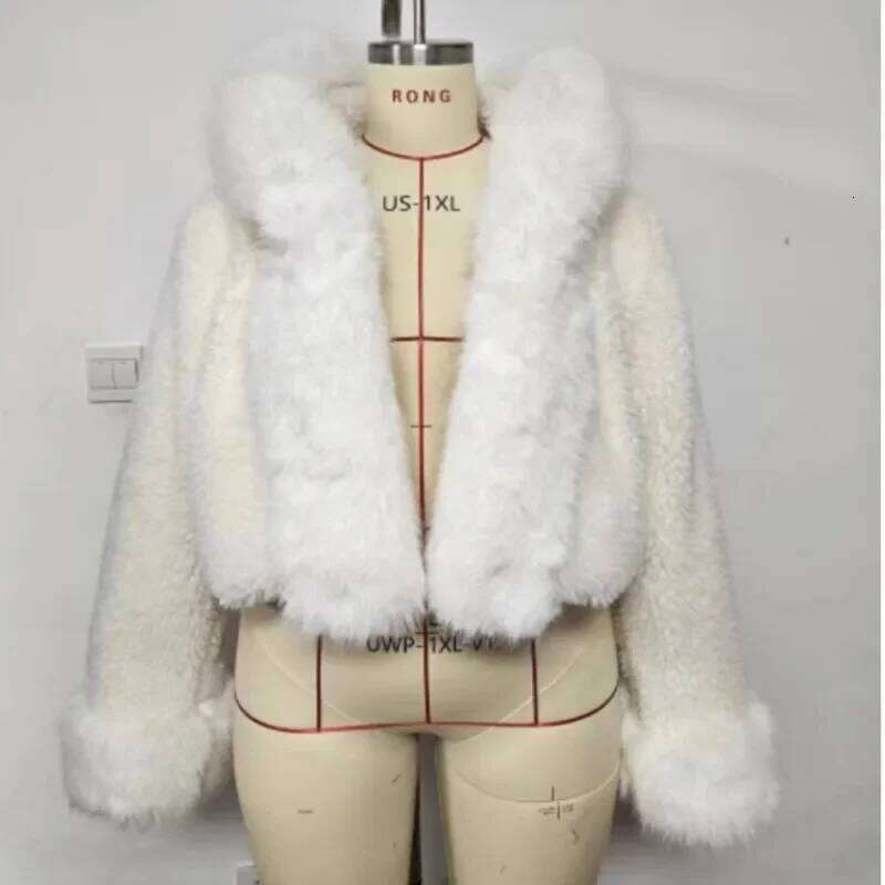 Winter White Hooded Faux Fur Jacket Women Fashion Patchwork Thick Warm Fluffy Plush Short Coat 2025 Lady High Streetwear