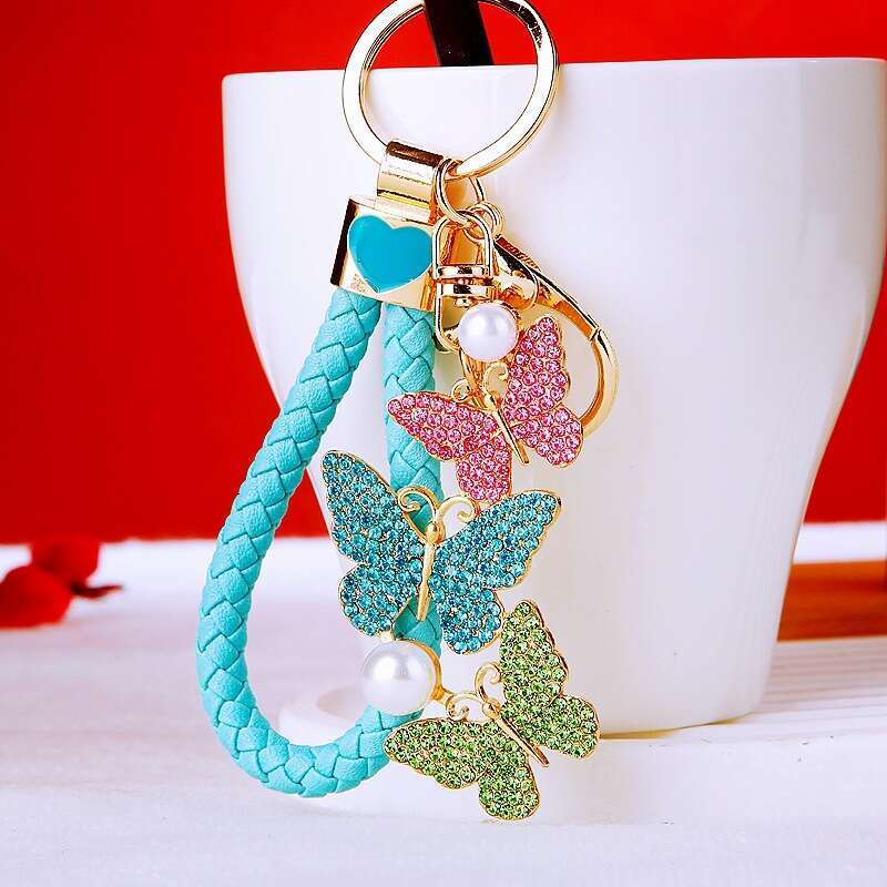 Inlaid Diamond Pearl Butterfly Car Women's Bag Pendant Keychain Metal Insect Ornament Gift