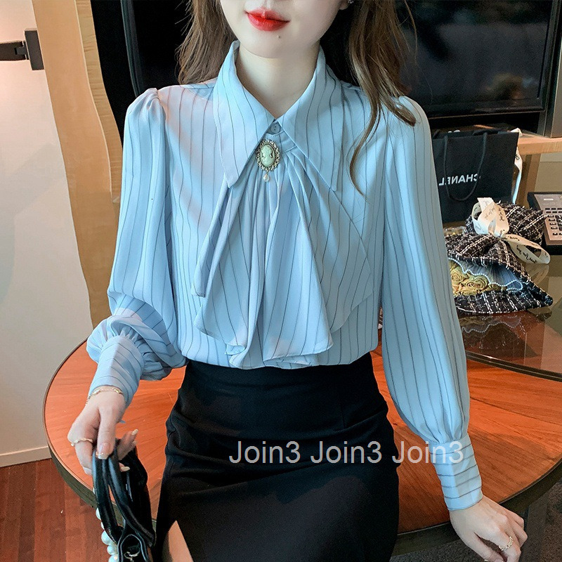 Spring and Autumn New Style Socialite Plus Size Womens Professional Internet Celebrity Youthful Striped Long Sleeve Shirt Womens Blouse Top