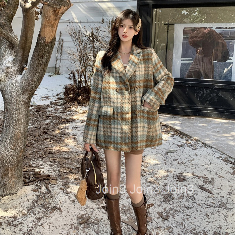 Winter New Elegant Fashion Casual Loose Cotton Plaid Long Sleeve Blazer Mid-Length Women