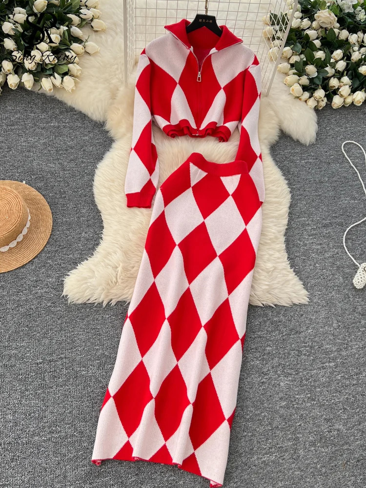 SINGREINY American Fashion Warm Suits Women Lapel Neck Zipper TopsHigh Elastic Skinny Plaid Skirt Streetwear Two Pieces Sets 250729
